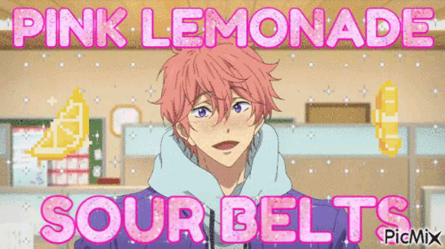 a picture of a boy with the words pink lemonade sour belts
