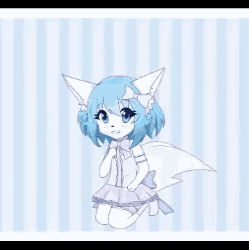 a furry girl with blue hair and a pink bow is kneeling down on a striped background .
