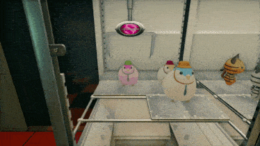 three stuffed animals are in a claw machine that says touch
