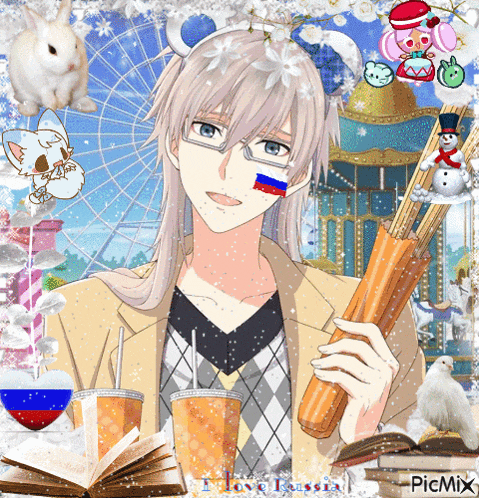a man with a russian flag painted on his face is holding an umbrella in front of a ferris wheel
