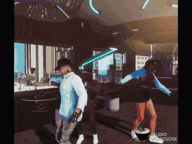 a group of people are dancing in a room with the words studio vichyssoise on the bottom right