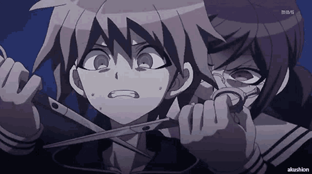 a girl is cutting a boy 's neck with scissors and the words akushion can be seen in the corner