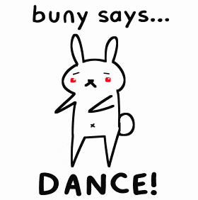 a black and white drawing of a bunny saying " bung says dance "