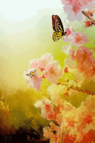 a painting of a butterfly and a bee with the letters mc on the bottom right corner