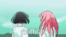 two anime girls are standing next to each other and the word millish is on the bottom left