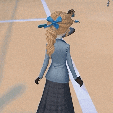 a girl in a blue dress is flying through the air while playing a video game