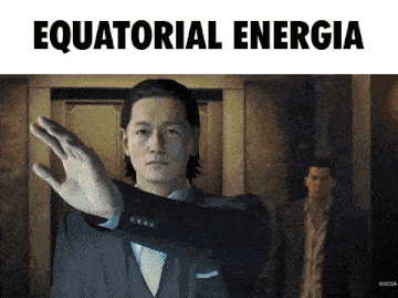 a man in a suit is making a stop gesture with the words equatorial energia below him