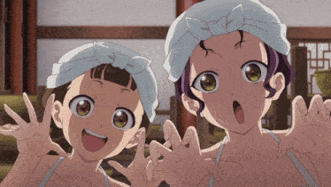 two anime girls wearing towels on their head are making funny faces