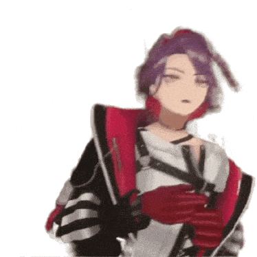 a girl with purple hair and red gloves is wearing a black and white jacket .