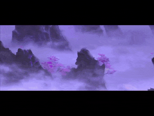 a painting of a mountain range with purple flowers in the fog