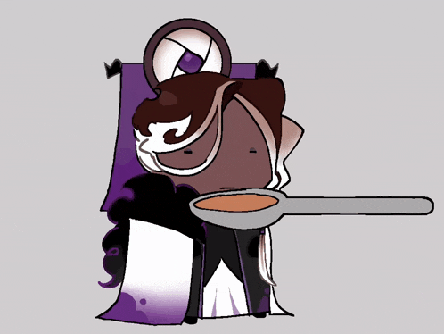 a cartoon drawing of a woman holding a spoon with a purple cape