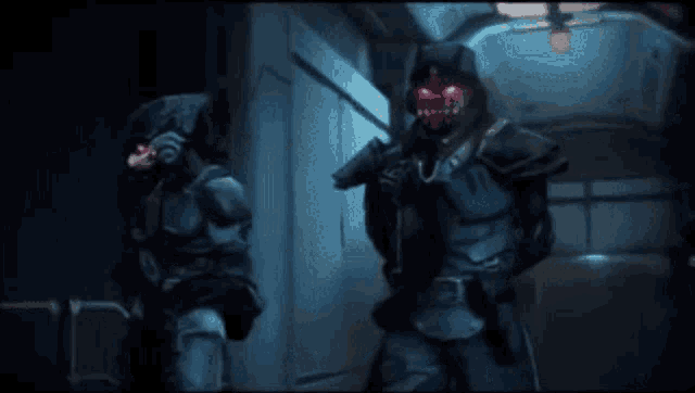 a video game character with red eyes is standing next to another character