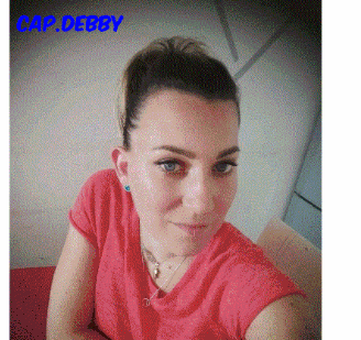 a woman in a red shirt has the name cap debby on the bottom right