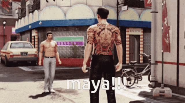a man with a tattoo on his back is standing next to another man and says maya