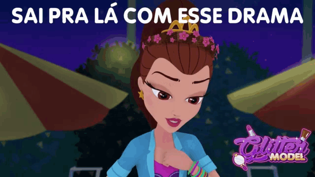 a cartoon of a girl with the words sai pra la com esse drama below her