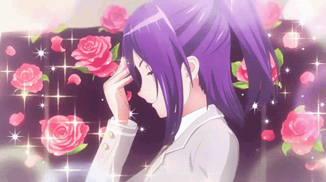 a girl with purple hair is surrounded by roses and stars