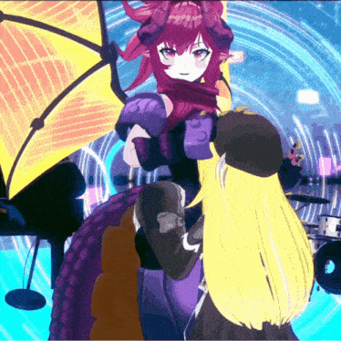 a purple and yellow anime character with horns