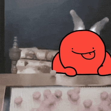 a cartoon drawing of a red monster with its tongue out