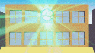 a group of cartoon characters are standing in front of a building with a blue sky in the background
