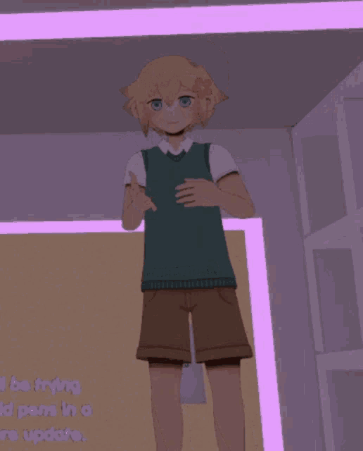 a cartoon character is standing in front of a sign that says " i 'll be trying gold pens in a re update "