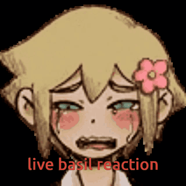 a pixel art of a girl with a flower in her hair and the words " live basil reaction "