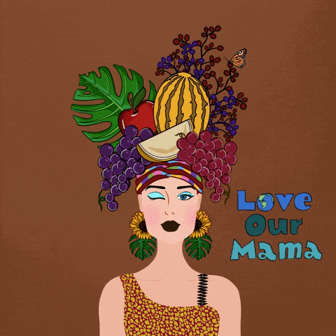 an illustration of a woman with fruits and flowers on her head and the words love our mama below her