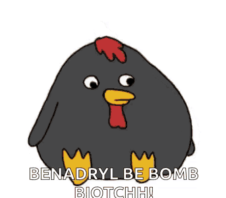 a cartoon chicken is sitting on a rock with the words `` benadryl be bomb biotchh '' .