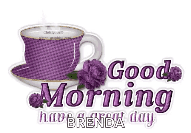 a purple cup of coffee and saucer with purple flowers and the words `` good morning have a great day '' .