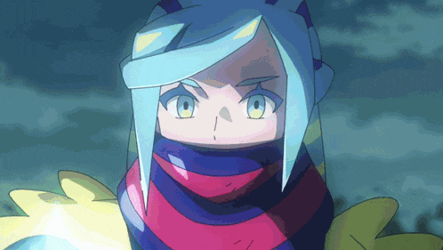 a blue haired anime character with a scarf around her neck