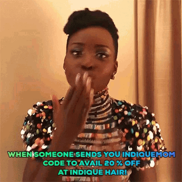 a woman blowing a kiss with the words when someone sends you indicuemom code to avail 20 % off