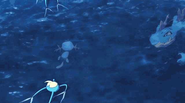 a cartoon drawing of a blue monster in the ocean