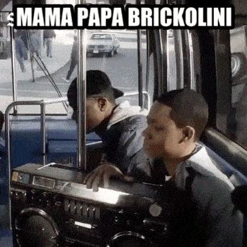 two men sitting on a bus with a boombox that says mama papa brickolini on it