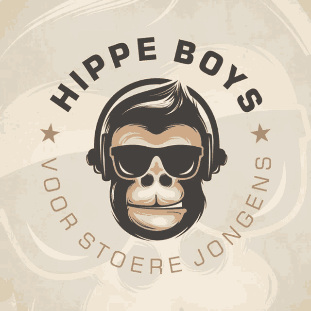 a logo for hippie boys shows a gorilla wearing headphones and sunglasses