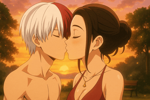 a man and a woman kissing with the sun in the background