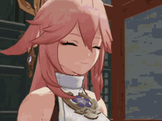 a girl with pink hair is wearing a necklace and smiling