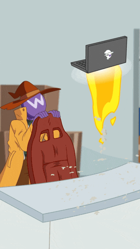 a cartoon of a witch holding a chair and a laptop with a skull and crossbones on it