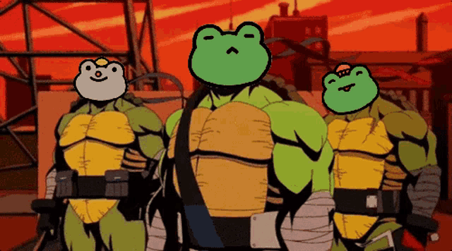 three teenage mutant ninja turtles with frogs on their faces