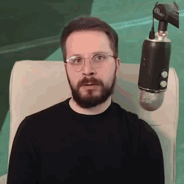 a man with a beard is sitting in a chair in front of a microphone .