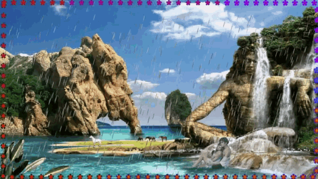 a painting of a waterfall with a statue of a man in the foreground