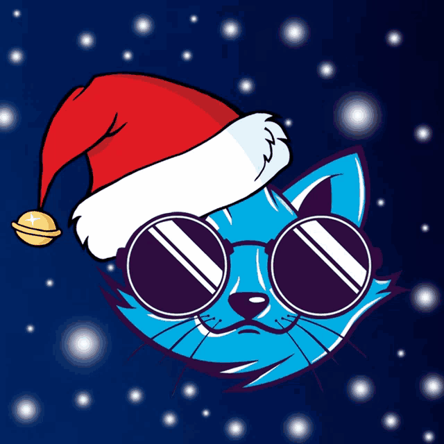 a blue cat with sunglasses and a santa hat on