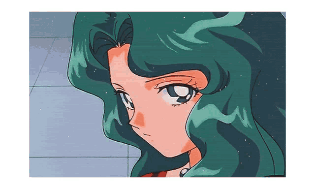 a close up of a cartoon character with green hair and blue eyes