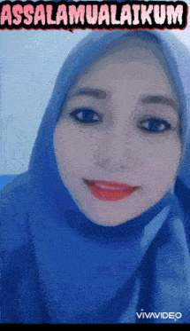 a woman wearing a blue hijab is smiling with the words assalamualaikum above her
