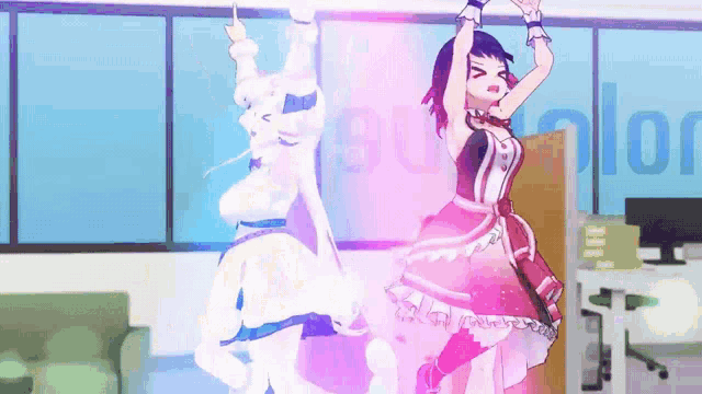 two anime girls are dancing in front of a sign that says ecolor