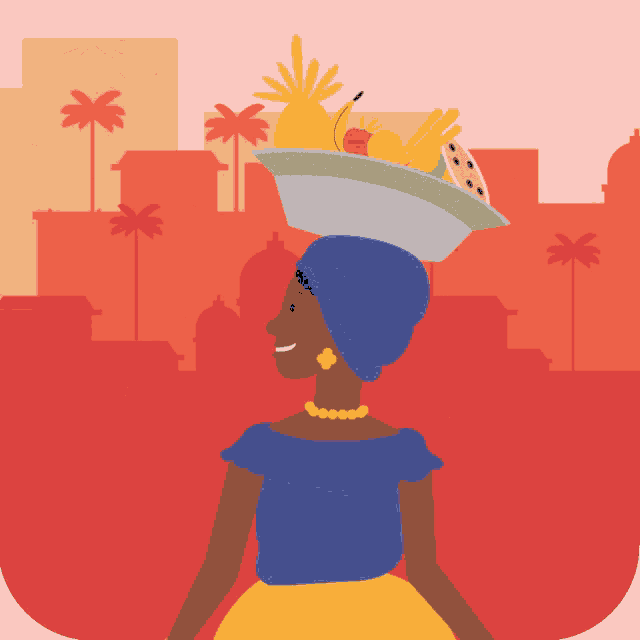an illustration of a woman carrying a tray of fruit on her head