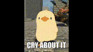 a cartoon duck is standing on a sidewalk with the words `` cry about it '' written on it .