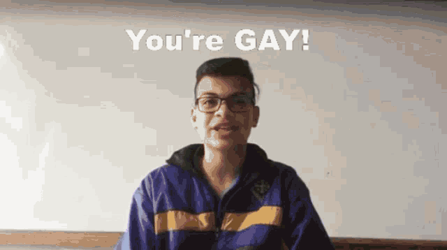 a young man wearing glasses and a purple jacket says " you 're gay "