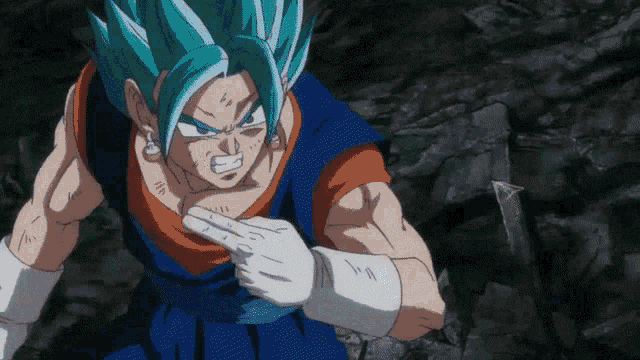 a cartoon character with blue hair and white gloves