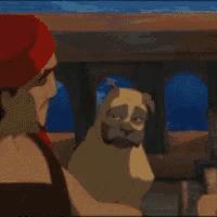 a cartoon of a man and a pug dog standing next to each other