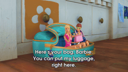 a cartoon of barbie and ken in a suitcase that says here 's your bag barbie