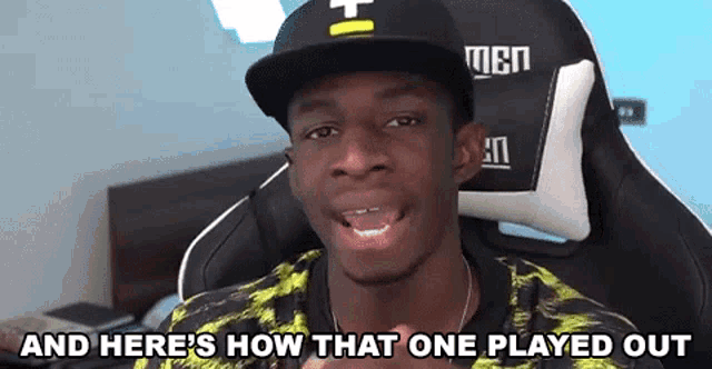 a man wearing a hat is sitting in a chair and says " and here 's how that one played out " .